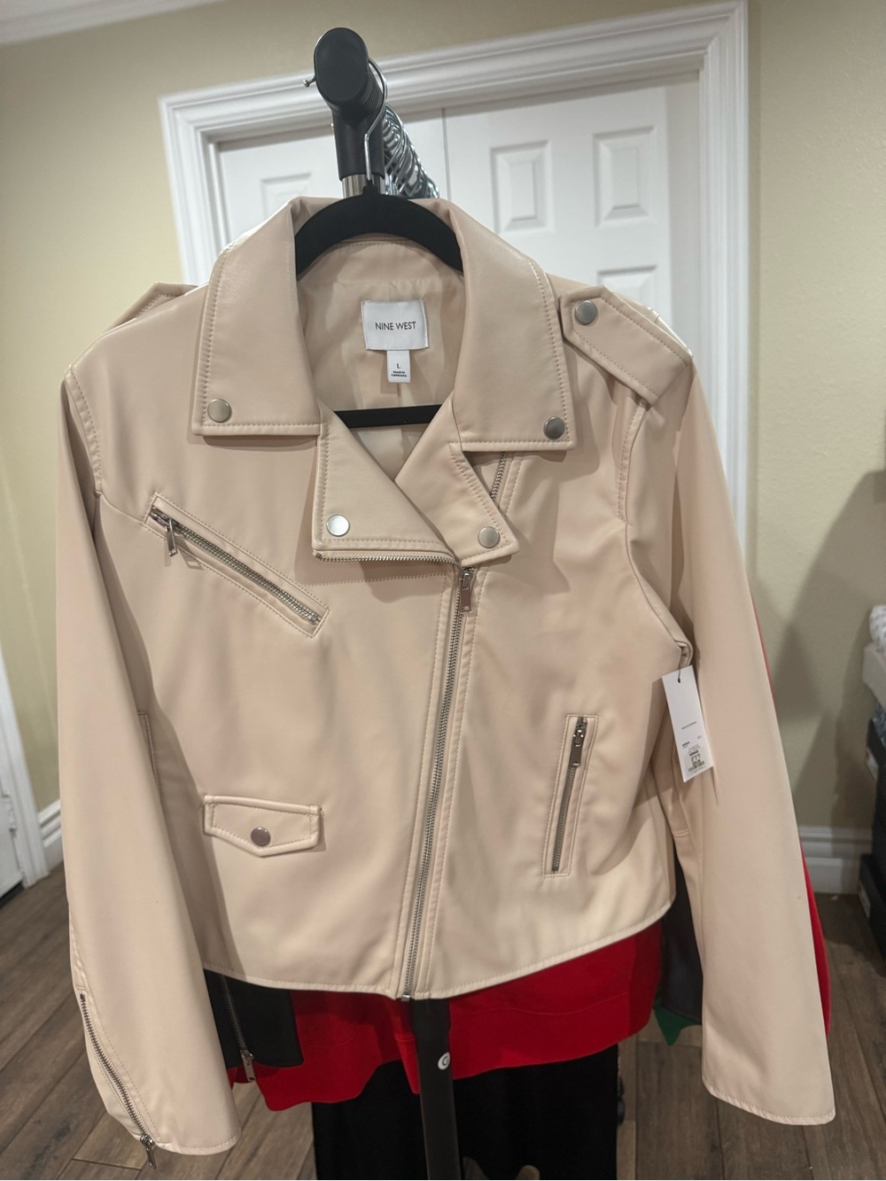 Nine West Light Cream Faux Leather Moto Jacket